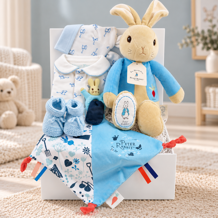 A Peter Rabbit baby gift set arranged in a white box, featuring a plush rabbit toy, a blue and white patterned baby outfit, blue knit booties, a blue and white sensory comfort blanket,.