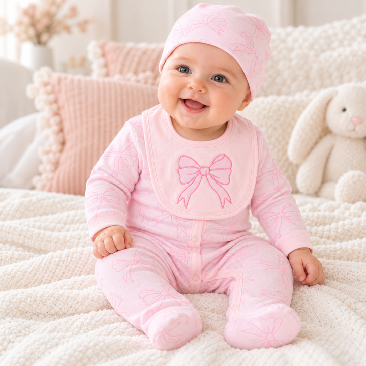 pink baby outfit with a bow design on the bib