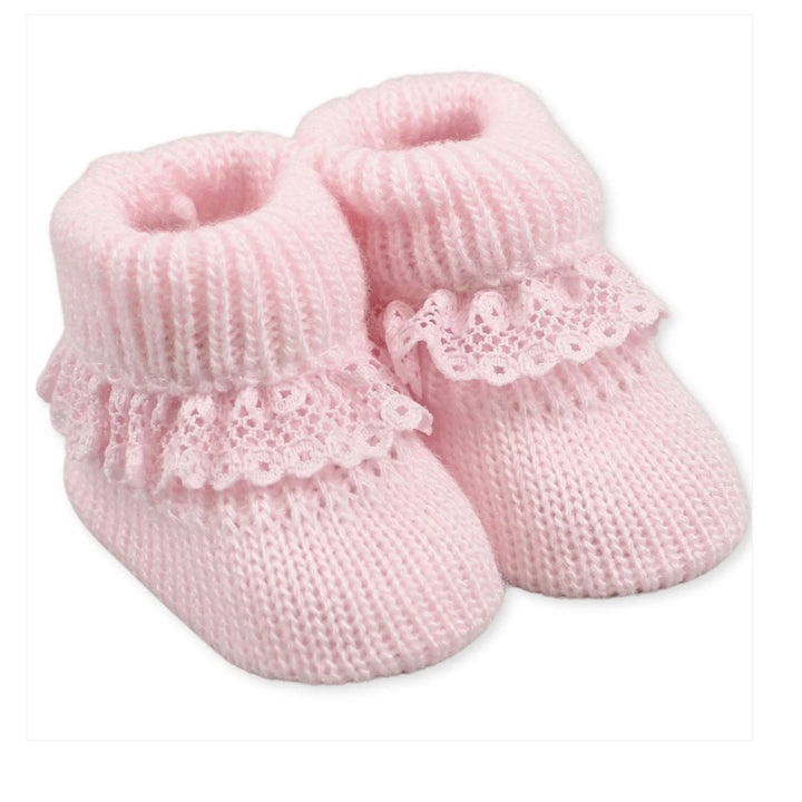 pink knit baby booties with lace trim