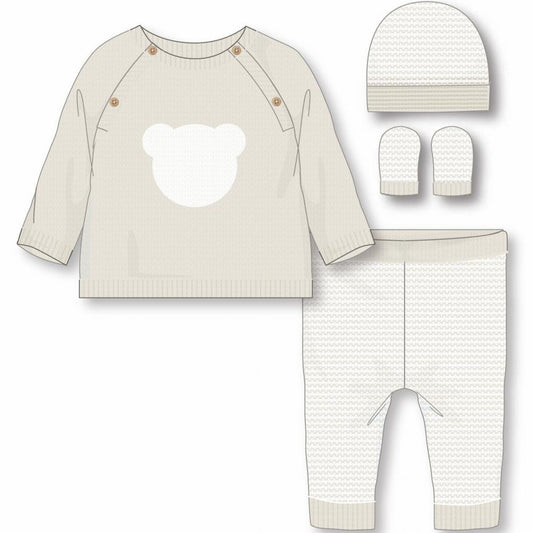Beign knit teddy bear jumper with white teddy face, matching being and white striped knit leggings, hat and mittens 