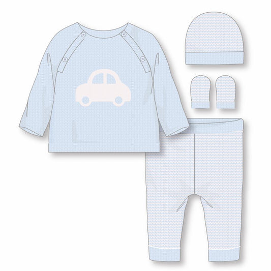 blue knitted baby set with car design includes a blue jumper, leggings , mittens and hat