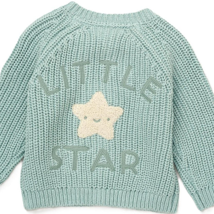 Green baby cardigan with little star written on the back and an appliqué star on the back 