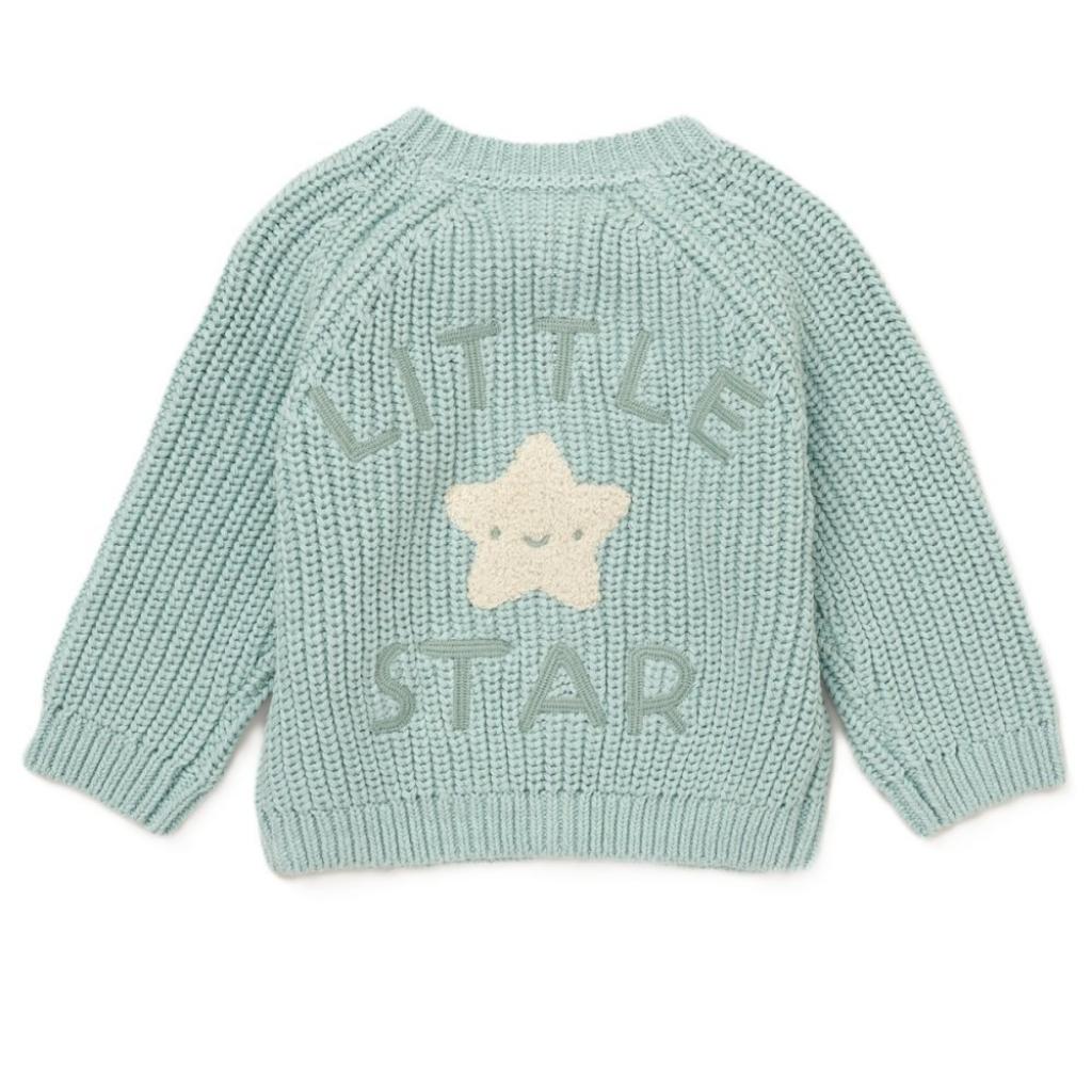 Green baby cardigan with little star written on the back and an appliqué star on the back 