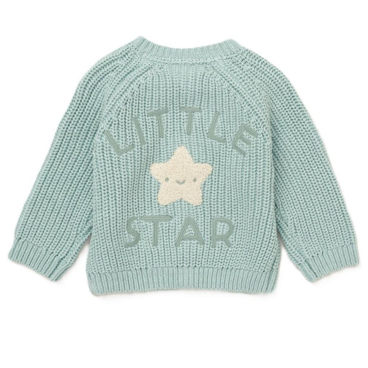 A mint green ribbed knit baby sweater shown from the back, featuring a cream-colored applique star and the words 'LITTLE STAR' in matching ribbed knit.