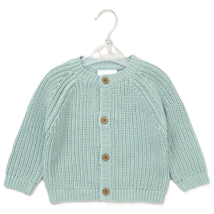 Green baby cardigan with little star written on the back and an appliqué star on the back 