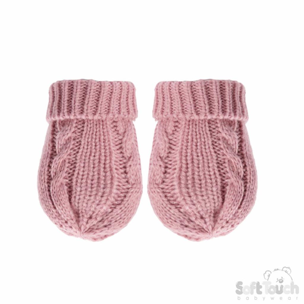 pink cable knit baby mittens