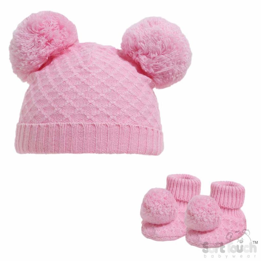 Baby Bobble hat with 2 pom poms and matching baby bootess with pom pom in pink