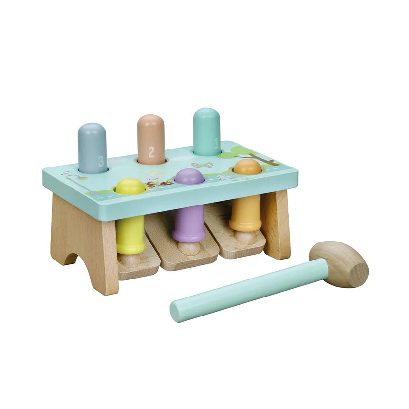 wooden pop up bench with hammer toy in pastel blue, green, yellow and beige