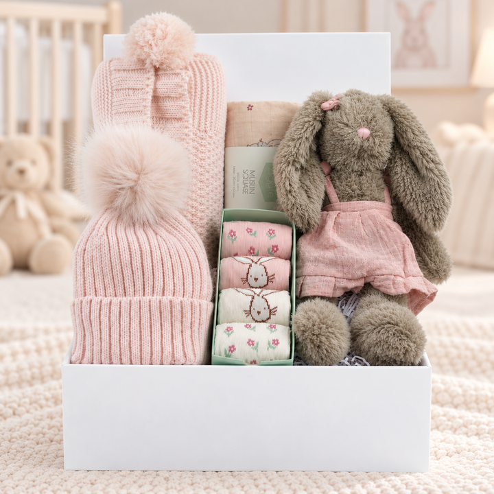 Baby Girl Bunny Hamper with Personalised Pink Pom-Pom Blanket
