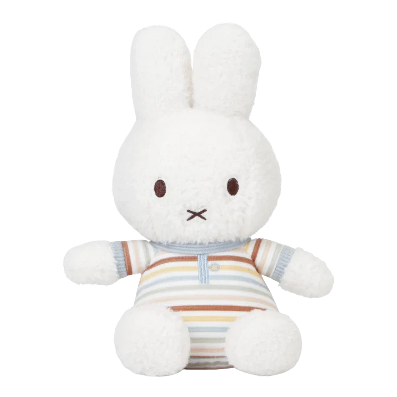 Gift boxed Miffy set includes white Miffy with striped clothing, Matching Miffy comforter and Miffy soft rattle