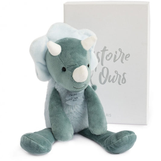 Green and pale blue soft plush dinosaur  in a gift box 