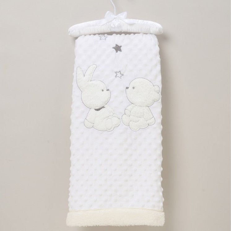 White soft dimpled baby blanket with sherpa backing and applique bunny and teddy