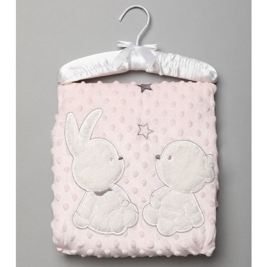 Pink dimples sherpa lined baby blanket with bunny and teddy applique