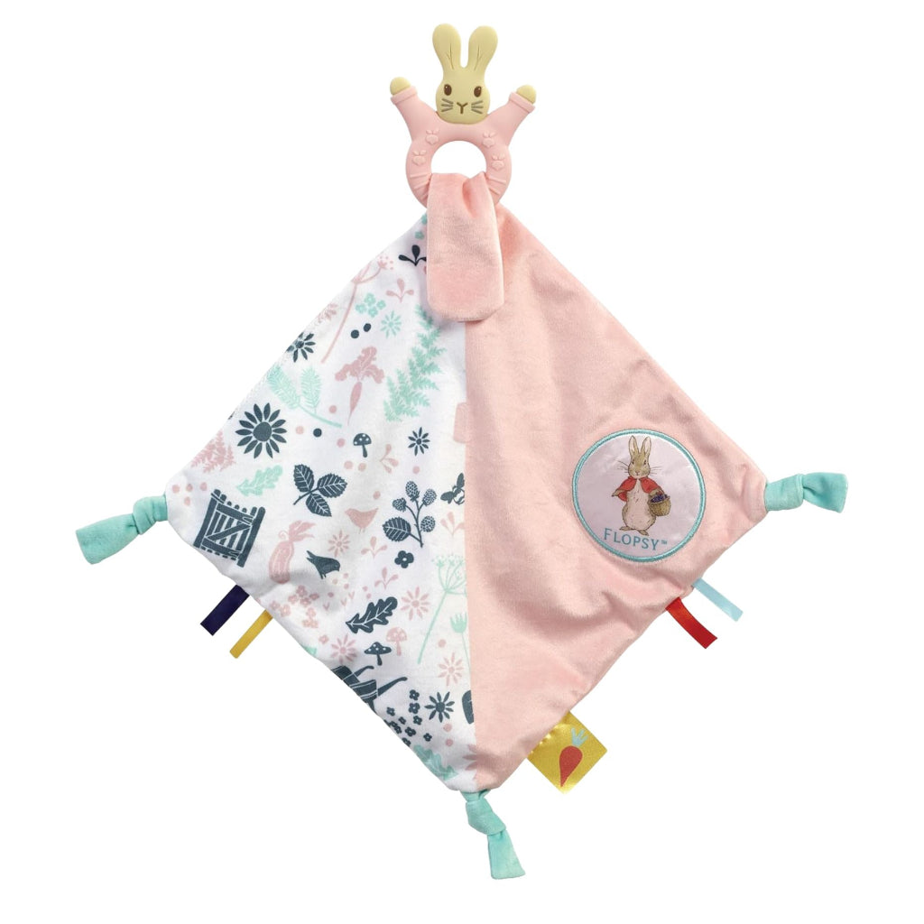 bink and floral baby Flopsy bunny sensory comforter with a teether and taggies