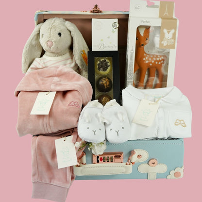 Luxury PU keepsake suitcase with luxury baby clothing set and baby sleepsuit in white PU cotton, Fawn Teether, Chocolate domes x 3 , Organic toiletries, white baby slippers with ears