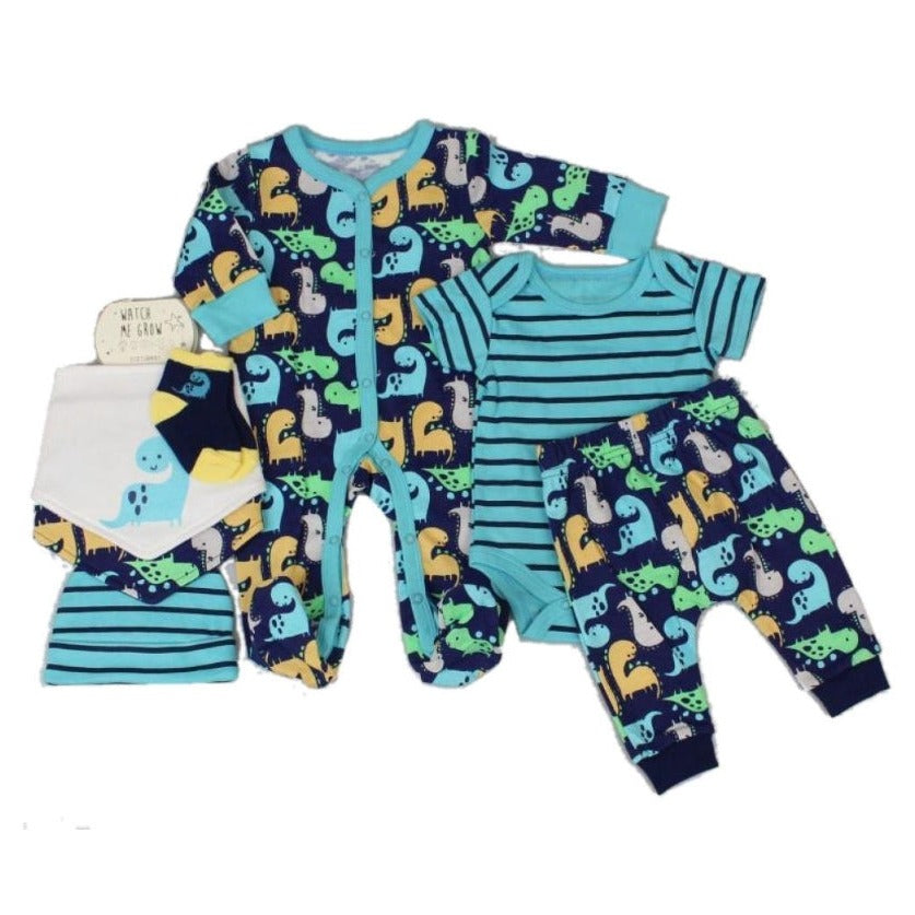 Navy, lightblue, orange and green baby dinosaur clothing set with sleepsuit, striped bodysuit leggings, 2 x bibs and a stiped hat 