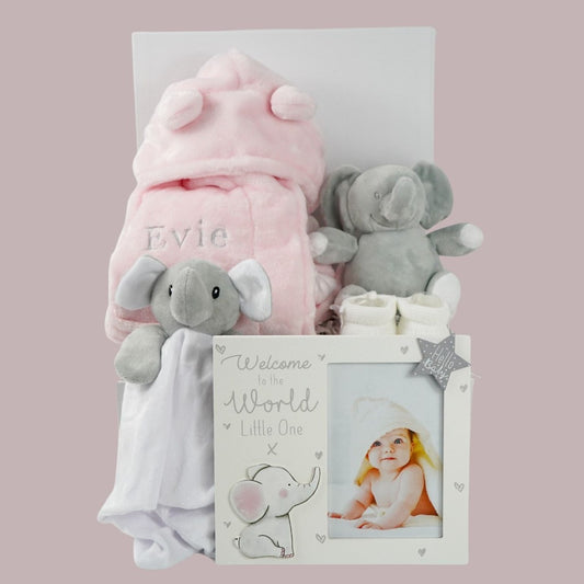 Baby Girl Pink Elephant Gift Hamper Box, Personalised Baby Dressing Gown, Elephant Cuddly Toy and Comforter, Baby Booties, Baby Photo Frame, Baby Shower Gift