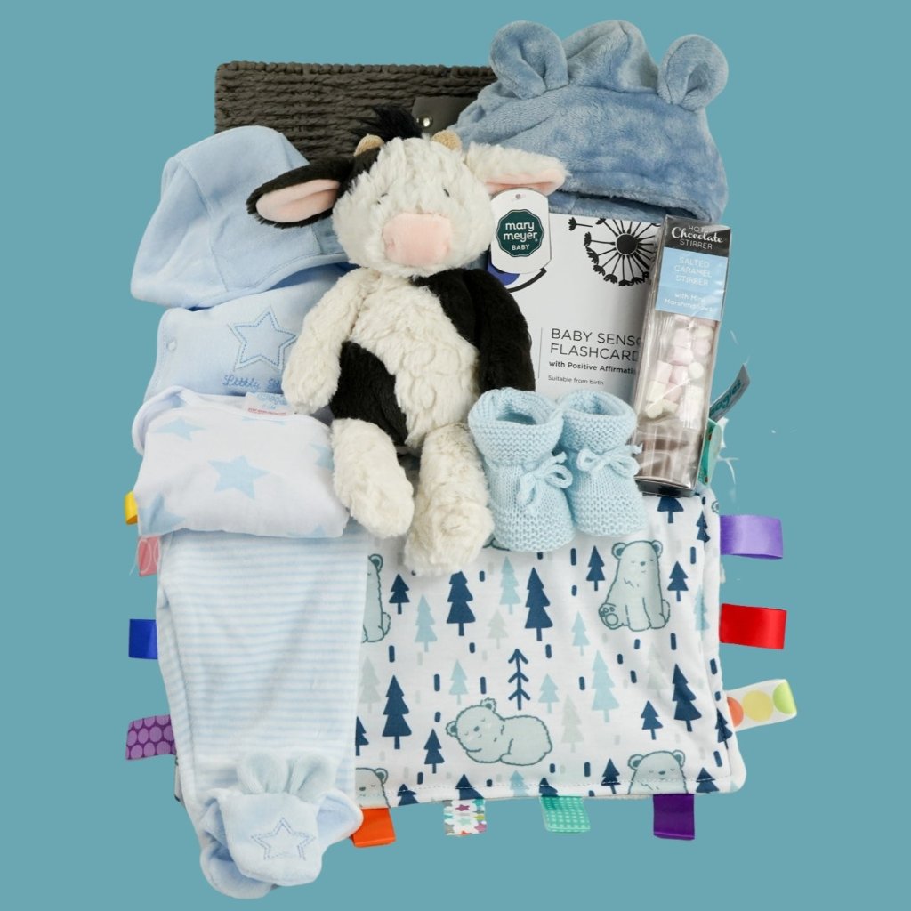 baby boy hamper with velour baby clothing set in blue, soft baby comforter with taggies, blue knit booties, cow soft toy, sensory cards , chocolate spoon