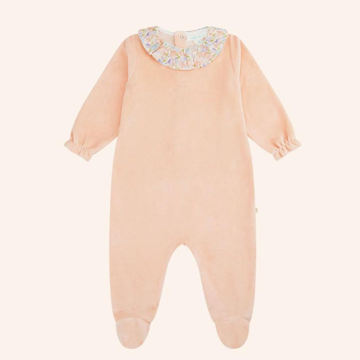 luxury baby onsie in peach with floral ruffle collar and gathered wrist