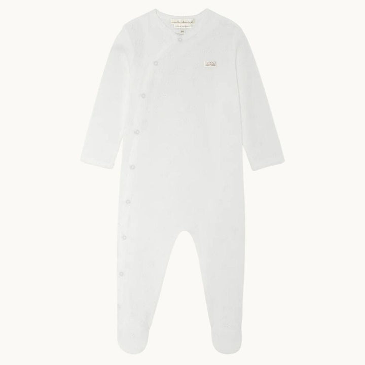 pointelle luxury baby set includes sleepsuit, mittens and hat in white