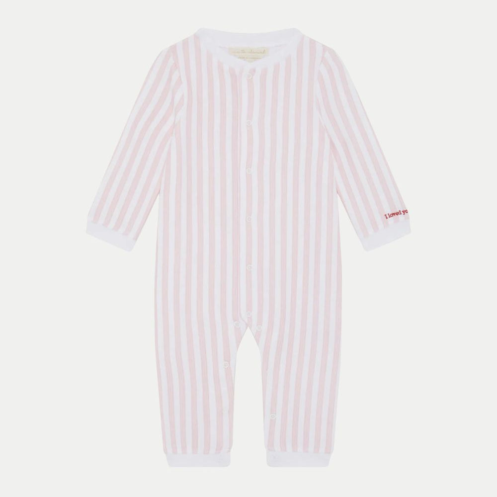 pink and white striped luxury baby sleepsuit with embroidered cuff 'I loved you first'