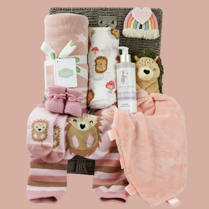 hedgehog themed baby hamper with pink striped hedgehog knit baby leggings and matching socks, baby pink star blanket, baby swaddle with hedgehogs , hedgehoge taggie comforter, baby knit booties, organic baby bath