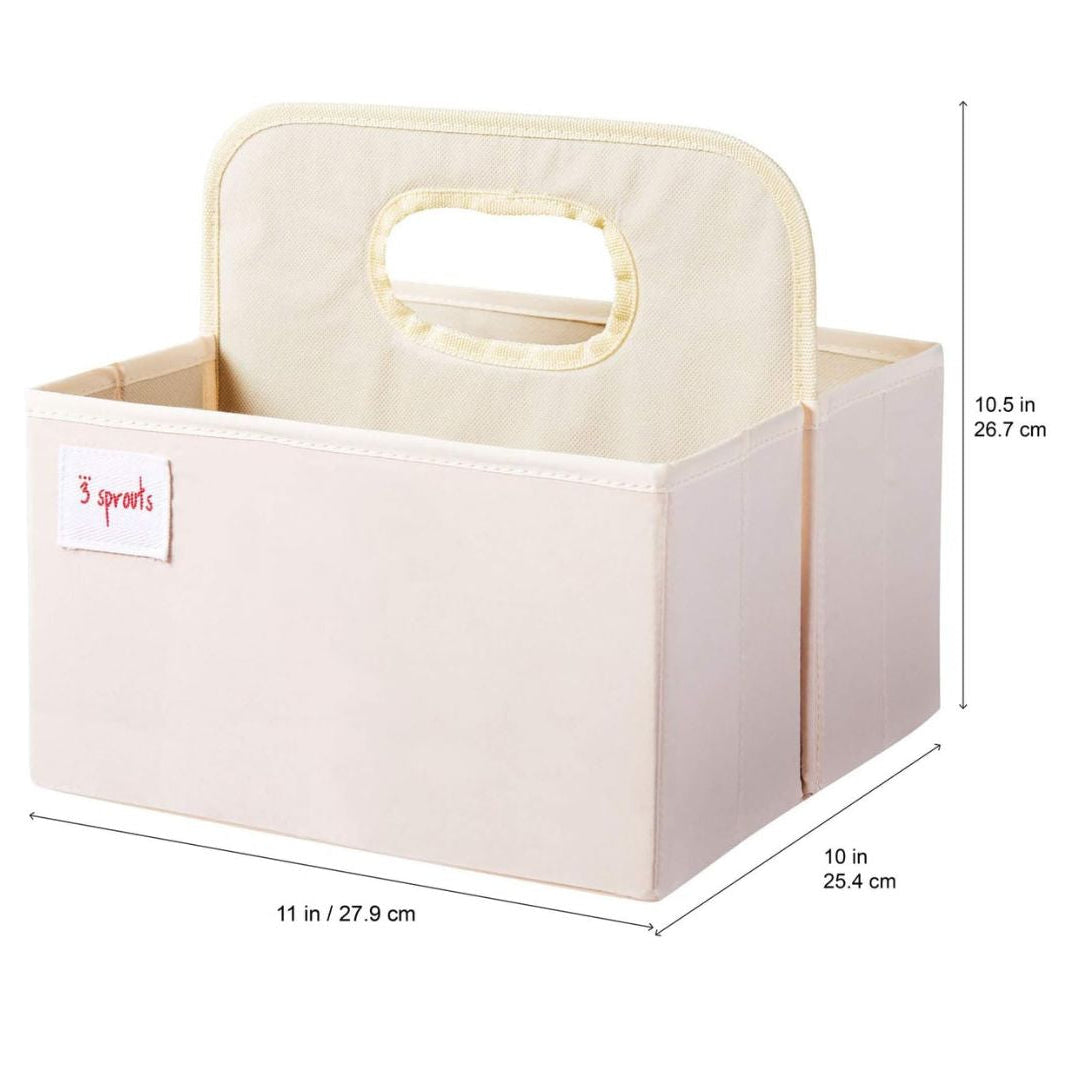 Beige nappy caddy in sections with a handle and applique pink spotted elephant in felt 