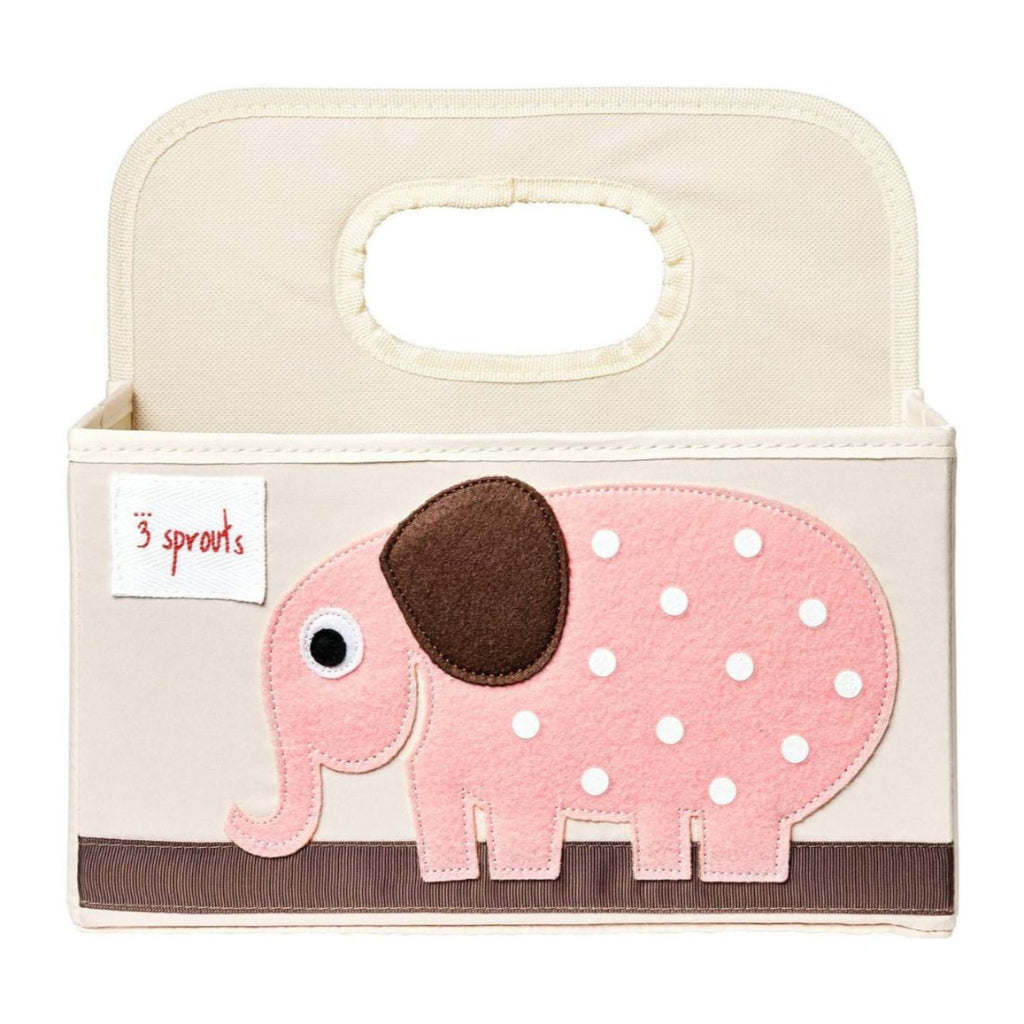 Beige nappy caddy in sections with a handle and applique pink spotted elephant in felt 