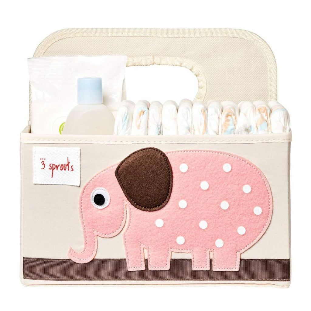 Beige nappy caddy in sections with a handle and applique pink spotted elephant in felt 