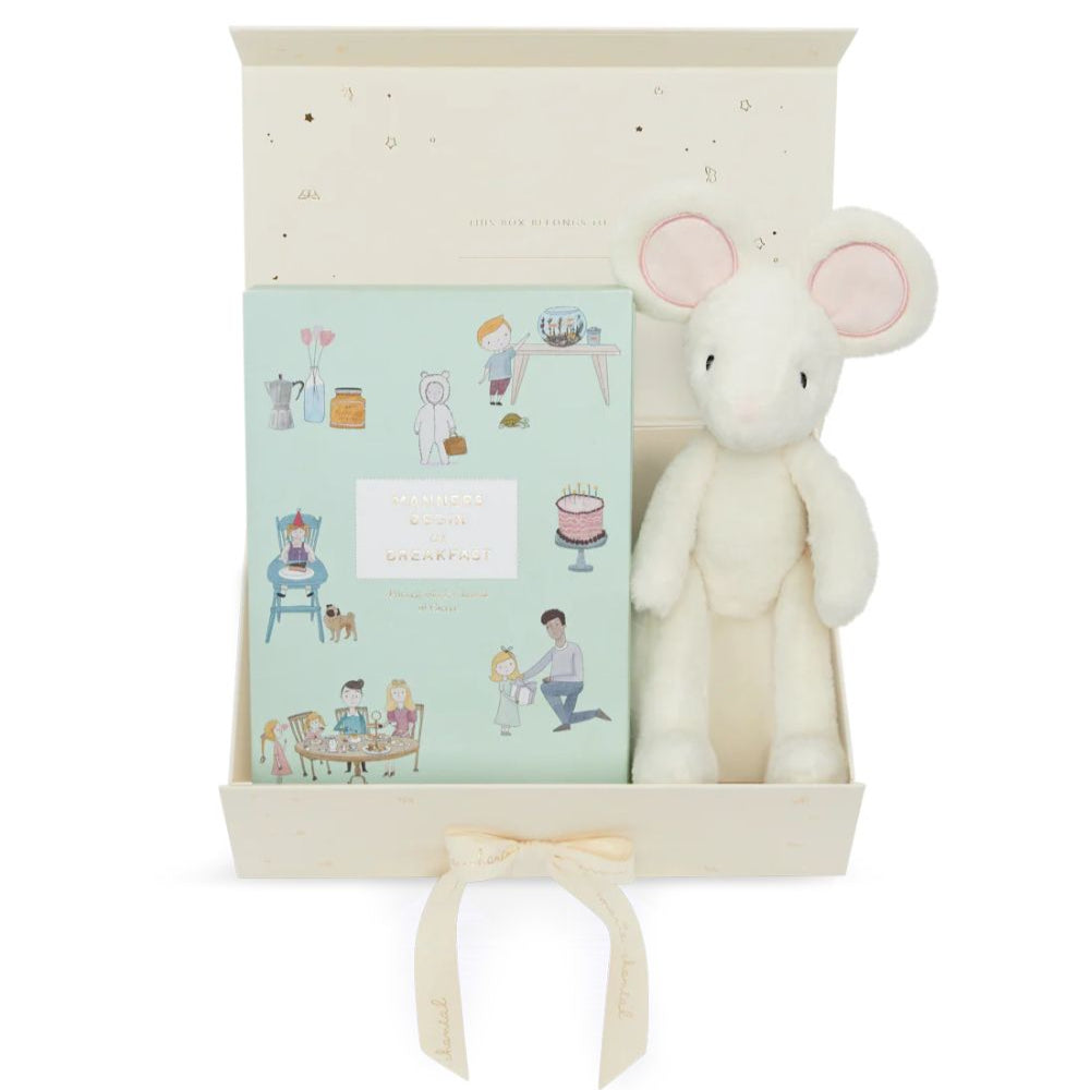 gift boxed soft mouse toy in white with angel wings and manners book 