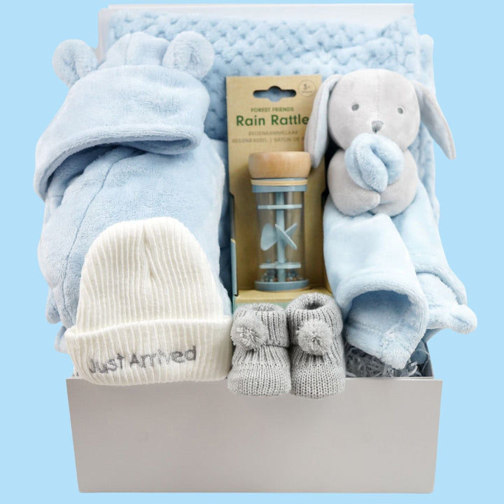 Personalised baby boy gift hamper with blue dressing gown, comforter, banket, hat and ooties 