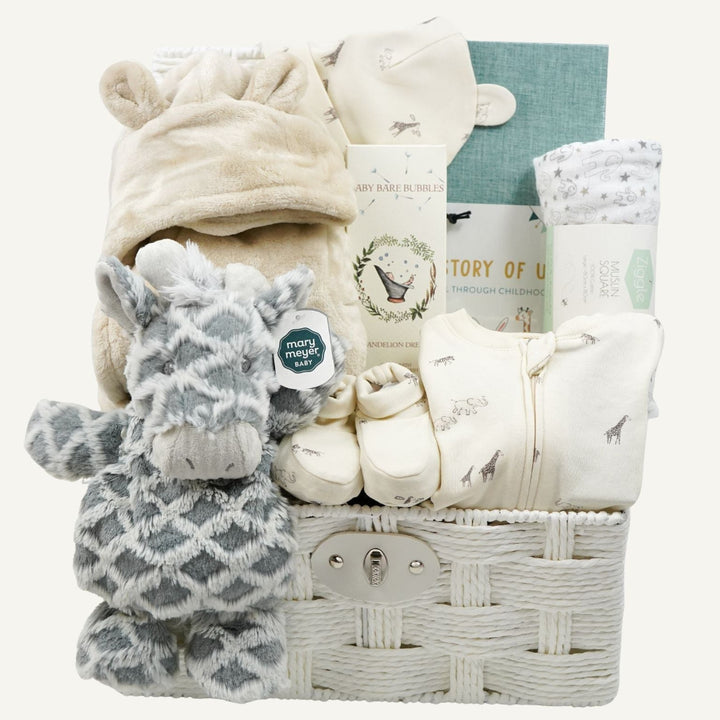 neutral baby hamper with organic baby clothing set, baby toiletries, giraffe comforter, baby diary, dressing gown 