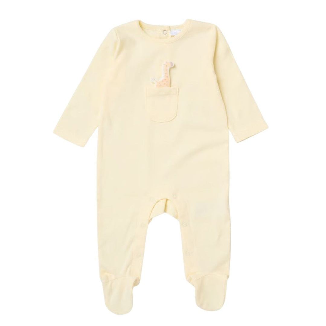 A pale yellow long-sleeve baby footed romper with a small embroidered giraffe on the chest, displayed against a solid white background.