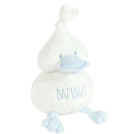 A white plush baby duck toy with light blue accents, featuring the name 'BAMBAM' embroidered on its belly, set against a plain white background.