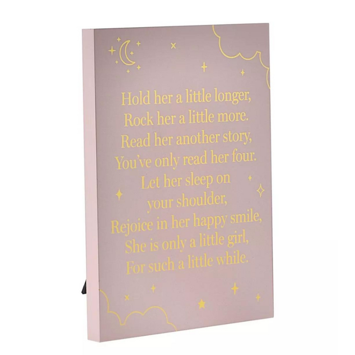 pink standing baby girl plaque with gold writing 