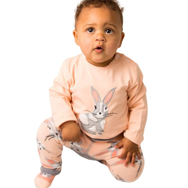 Blade and Rose Mollie Rose bunny baby girl clothing set, peach top with applique grey rabbit, matching grey leggings with all over rabbit design and rabbit bum