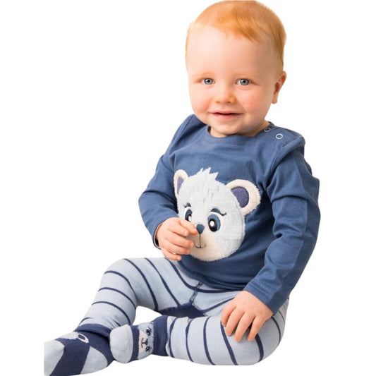 Blade and rose blue baby long sleeved top with applique teddy face , leggings in navy and pale blue stripes with a teddy face on the bum