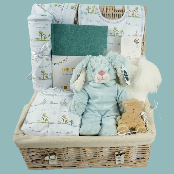 Luxury baby boy hamper, Kissy Kissy prima cotton baby clothing set with Noah's animals, Prima cotton blanket, soft rabbit toy in blue pj's, organic toiletries, Baby journal