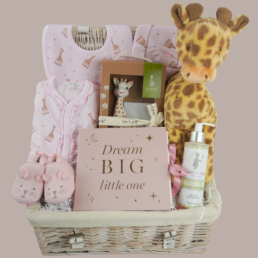 White hamper basket with baby girl gifts, luxury pink sophie la girafe baby outfit with frill at the front, includes sleepsuit, hat and bib, sophie la girafe teething toy, big soft floppy girafe eco friendly toy, pink baby shoes in suede effect with cute ears and face, pink baby photo album , baby toiletries 