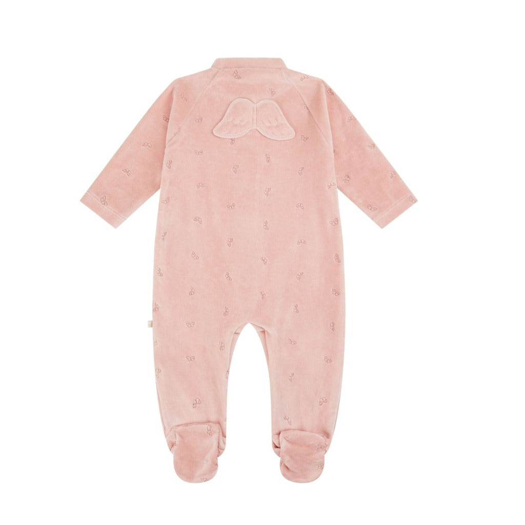 Embroidered dusty pink velou sleepsuit with gold wing embroidery and angel wings on the back