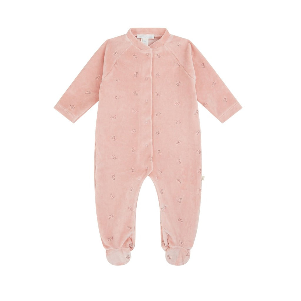 Embroidered dusty pink velou sleepsuit with gold wing embroidery and angel wings on the back