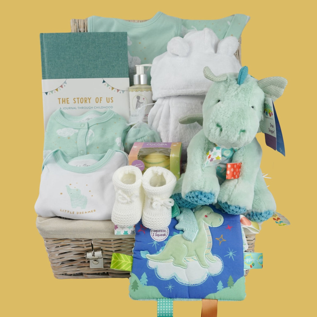 Baby Hamper Basket, Infant Gift, Dragon Taggie Toy And Crinkle Toy, Baby Layette, Corporate Maternity Gift