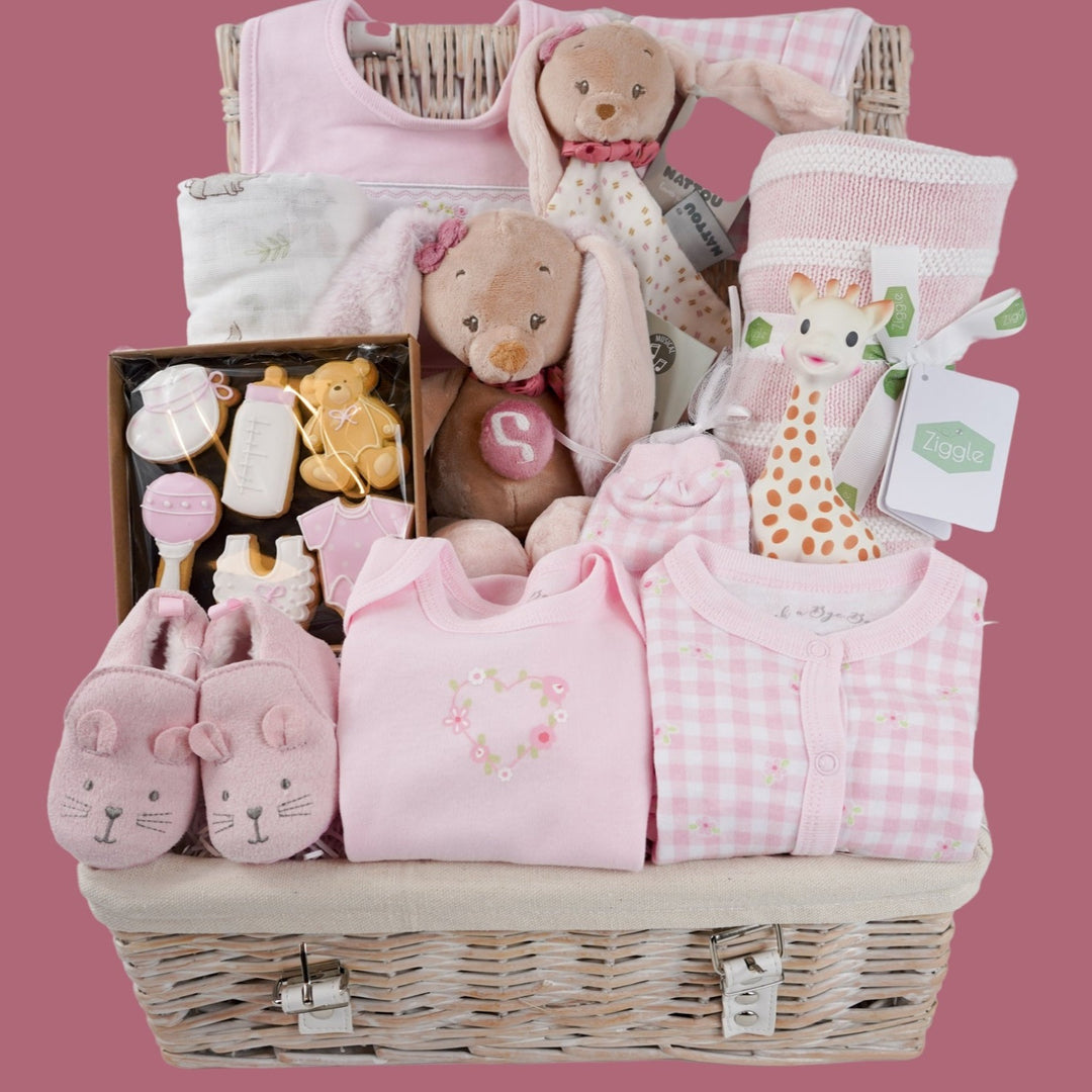 Luxury Baby Girl Hamper Basket, Nattou Musical Pauline Bunny And Baby Comforter, Baby Gift Biscuits, Corp[orate Baby Hamper