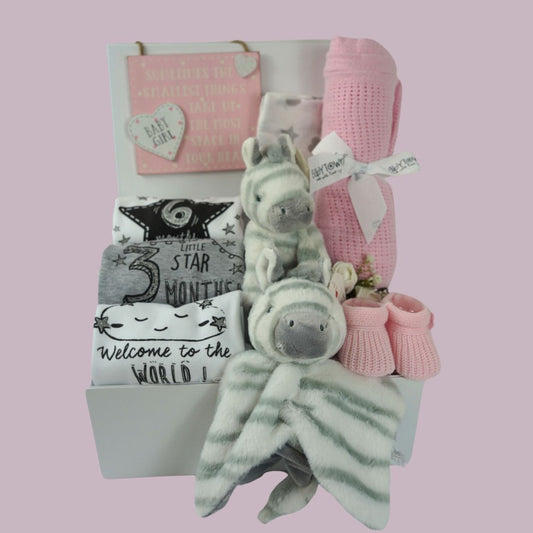 baby girl hamper box with 3 milestone vests, baby cellular blanket in pink, pink knit booties , zebra eco friendly soft toy and matching comforter , pink nursery plaque 