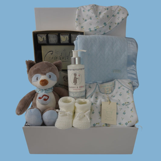 baby boy hamper box, newborn baby bodysuit with long sleeves and matching baby hat, blue baby wrap with satin ribbon edging, musical racoon soft toy, congratulations chocolates, white knit booties and baby body lotion
