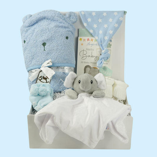 Baby Boy Hamper, Blue Teddy Hooded Towel, Baby Knot  Hat, Milestone Baby Cards, Personalised Baby Gift