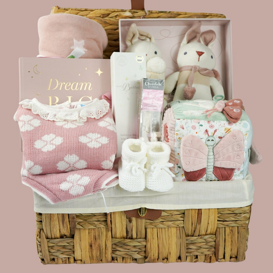 Baby Girl Hamper Basket, Baby Girl Knit Clothing Set, Organic Soft Toy And Comforter, Blanket And Toiletires, Chocolate Treat For Mum