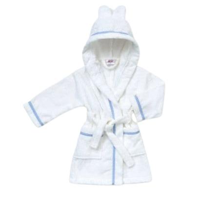 white dressing gown with blue gingham  edging