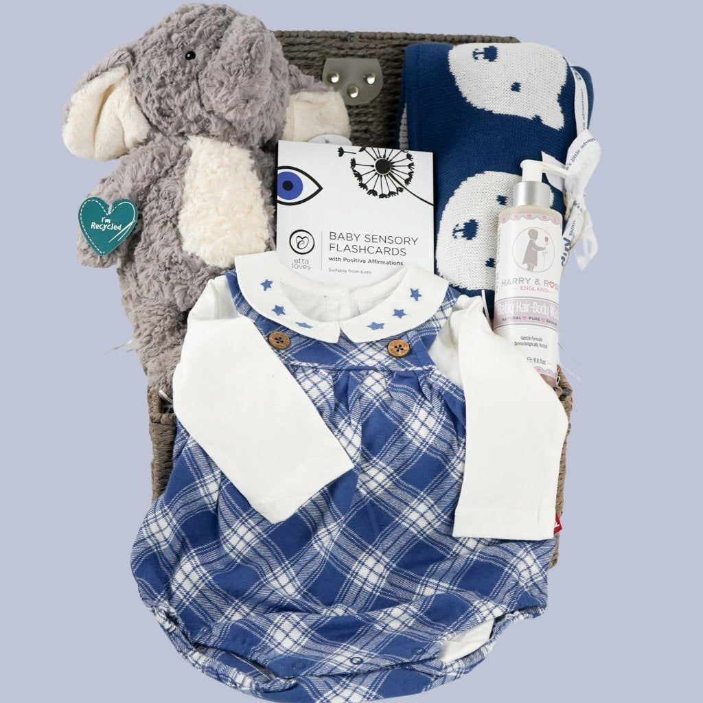 Baby Boy hamper with check romper and shirt with blue stars on the collar, grey recycled elephant soft toy, blue teddy blanket organic, organic baby wash, black and white baby sensory cards  