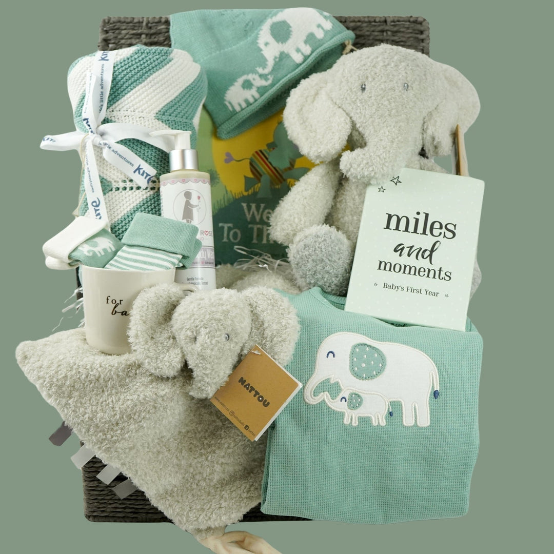 Baby hamper basket with soft grey fluffy elephant by Nattou and matching baby comforter, softt organic baby blanket in green and cream, organic green waffle effect baby romper with cream elephant design, green baby socks with elephants, knit beanie hat in green with elephants, baby porcelain mug with gold writing for baby, organic baby wash,  Welcome o the world baby book